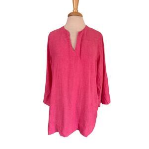 LANDS END Linen Blend V-Neck Tunic Top in Bright Pink Size Large Womens